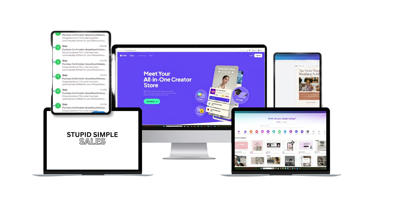 Stupid Simple Sales System mockup showing sales pages on desktop, laptop, tablet, and phone